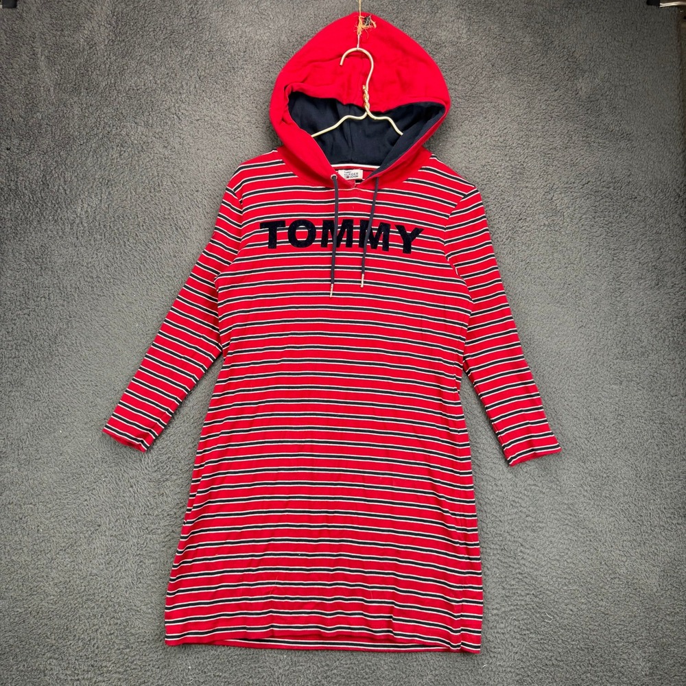 Tommy Hilfiger Denim Womens Medium Red Striped Hooded Long Sleeve T-Shirt Dress